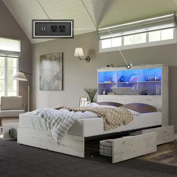 Wooden Platform Bed with 51.2" LED Storage Bookcase Headboard, 4 Storage Drawers & Charging Station, Bedroom Furniture Beds