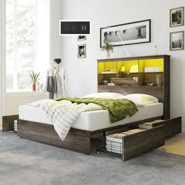 Wooden Platform Bed with 51.2" LED Storage Bookcase Headboard, 4 Storage Drawers & Charging Station, Bedroom Furniture Beds - Image 7