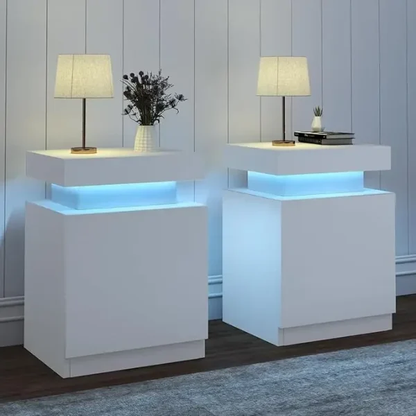 Nightstand Set of 2, LED Nightstand with One Cabinet, Bedside Table with LED Lights, Modern End Side Table for Bedroom - Image 7