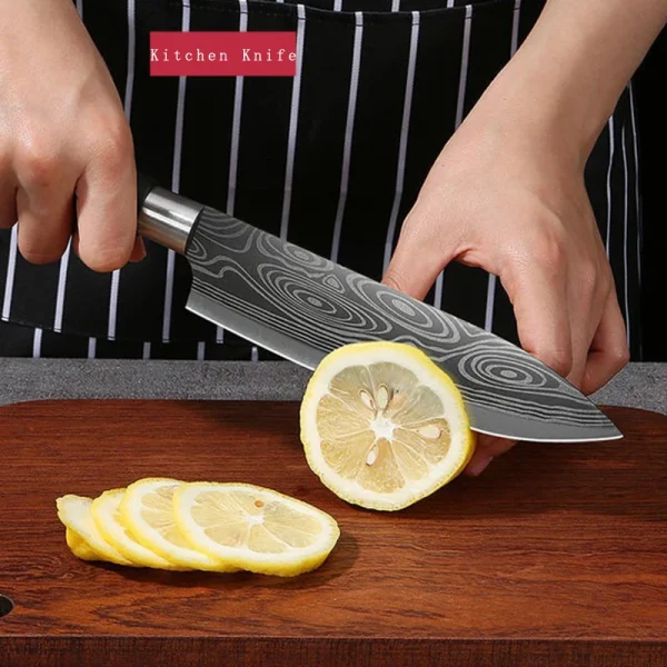 Laser Damascus Pattern Utility Kitchen Knives Scissors Sharpening Rod Set Stainless Steel Sharp Slicing Chef knife Cooking Tool - Image 8