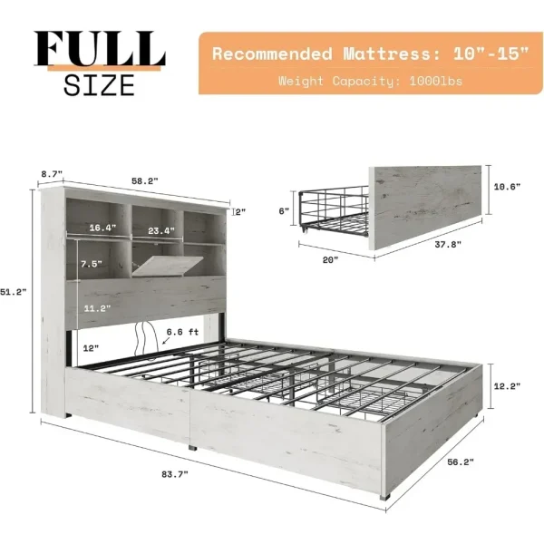 Wooden Platform Bed with 51.2" LED Storage Bookcase Headboard, 4 Storage Drawers & Charging Station, Bedroom Furniture Beds - Image 5