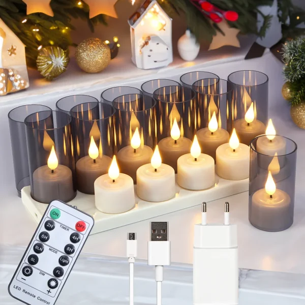6/12Pcs LED Candle Light Timer Rechargeable Flashing Flameless Candle Lamp Tea Lights With Black Cups For Home Decoration Candle - Image 9