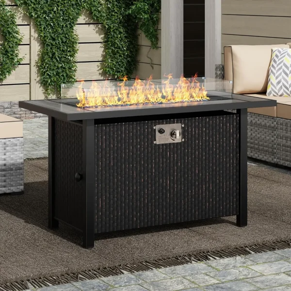 45" Propane Fire Pit, Outdoor Fire Pit Tables Tabletop with Lid and Blue Fire Glass, 50000 BTU Glass Wind Guard and Tables，Gray