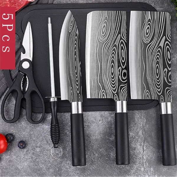 Laser Damascus Pattern Utility Kitchen Knives Scissors Sharpening Rod Set Stainless Steel Sharp Slicing Chef knife Cooking Tool - Image 9