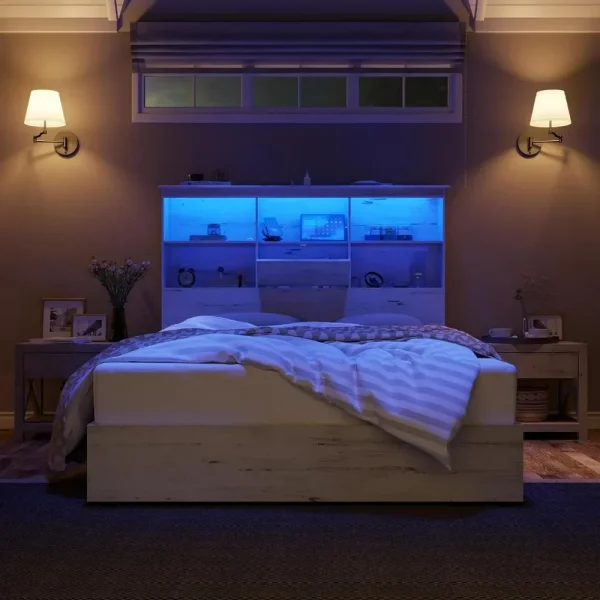 Wooden Platform Bed with 51.2" LED Storage Bookcase Headboard, 4 Storage Drawers & Charging Station, Bedroom Furniture Beds - Image 4