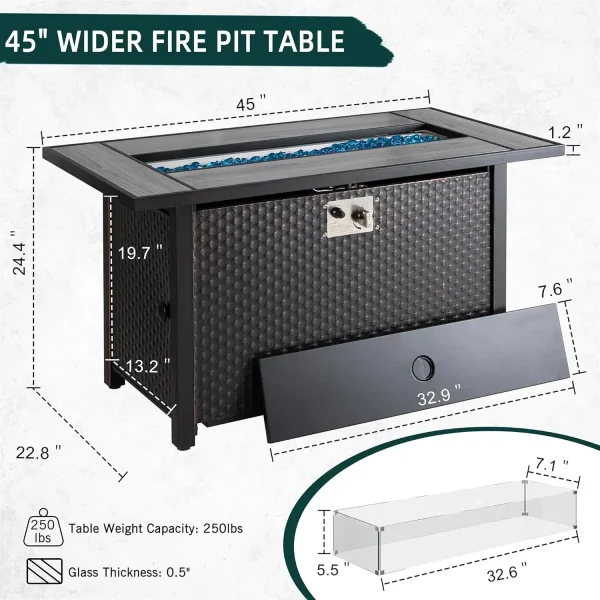 45" Propane Fire Pit, Outdoor Fire Pit Tables Tabletop with Lid and Blue Fire Glass, 50000 BTU Glass Wind Guard and Tables，Gray - Image 3