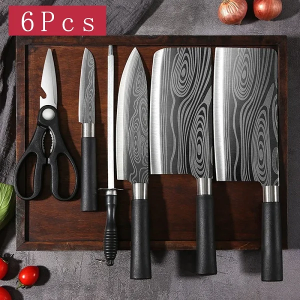 Laser Damascus Pattern Utility Kitchen Knives Scissors Sharpening Rod Set Stainless Steel Sharp Slicing Chef knife Cooking Tool - Image 11