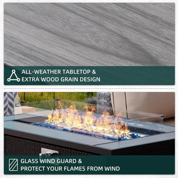 45" Propane Fire Pit, Outdoor Fire Pit Tables Tabletop with Lid and Blue Fire Glass, 50000 BTU Glass Wind Guard and Tables，Gray - Image 5