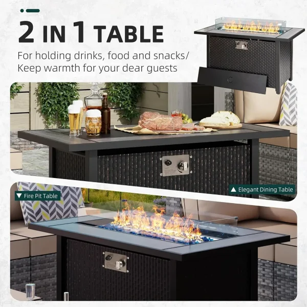 45" Propane Fire Pit, Outdoor Fire Pit Tables Tabletop with Lid and Blue Fire Glass, 50000 BTU Glass Wind Guard and Tables，Gray - Image 4