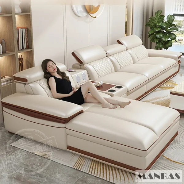Linlamlim Premium Italian Genuine Leather Sofa Set for Living Room with Adjustable Headrests, Bluetooth Speaker, Wireless Charge - Image 8