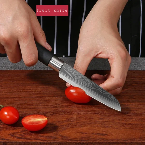 Laser Damascus Pattern Utility Kitchen Knives Scissors Sharpening Rod Set Stainless Steel Sharp Slicing Chef knife Cooking Tool - Image 7