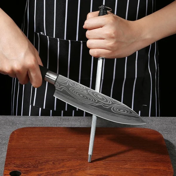 Laser Damascus Pattern Utility Kitchen Knives Scissors Sharpening Rod Set Stainless Steel Sharp Slicing Chef knife Cooking Tool - Image 4