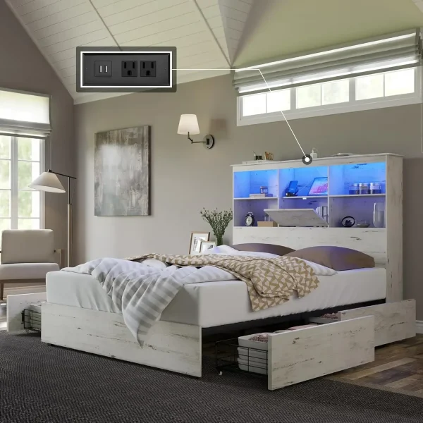 Wooden Platform Bed with 51.2" LED Storage Bookcase Headboard, 4 Storage Drawers & Charging Station, Bedroom Furniture Beds - Image 9