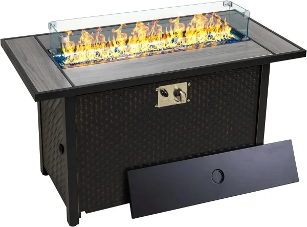 45" Propane Fire Pit, Outdoor Fire Pit Tables Tabletop with Lid and Blue Fire Glass, 50000 BTU Glass Wind Guard and Tables，Gray - Image 2