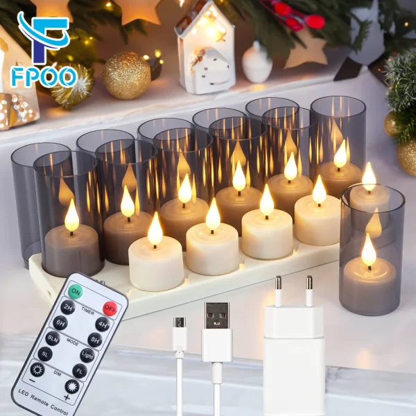 6/12Pcs LED Candle Light Timer Rechargeable Flashing Flameless Candle Lamp Tea Lights With Black Cups For Home Decoration Candle - Image 2