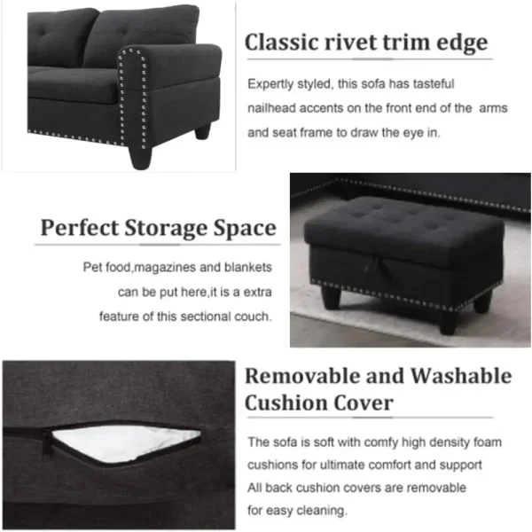 Sofa, Modern Linen Sofas Couches for Living Room Furniture Set, L-Shaped Modular Couch Upholstered Sectional, Living Room Sofa - Image 2