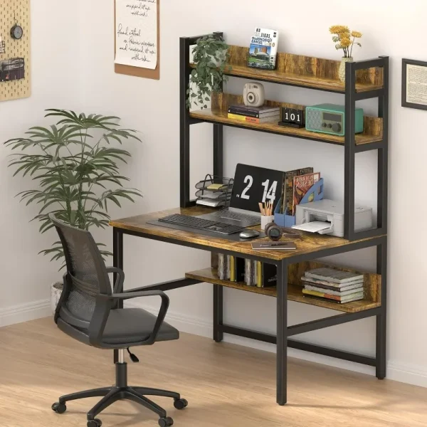 Computer Desk with Hutch, 47in Wide Desk with Shelves, Tall Home Office Desk with Bookshelf