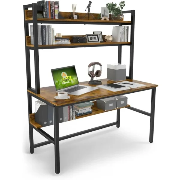 Computer Desk with Hutch, 47in Wide Desk with Shelves, Tall Home Office Desk with Bookshelf - Image 3
