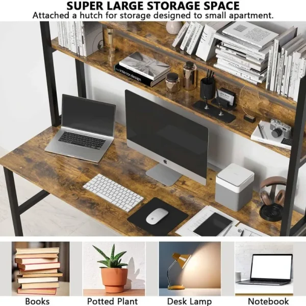 Computer Desk with Hutch, 47in Wide Desk with Shelves, Tall Home Office Desk with Bookshelf - Image 4