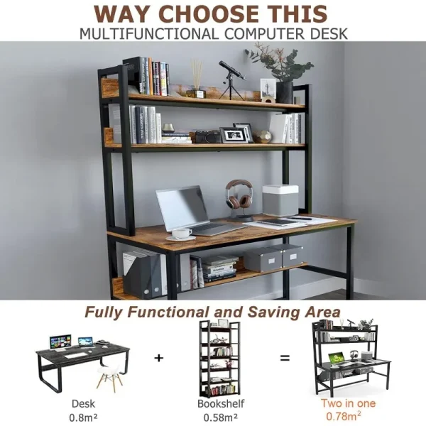 Computer Desk with Hutch, 47in Wide Desk with Shelves, Tall Home Office Desk with Bookshelf - Image 5
