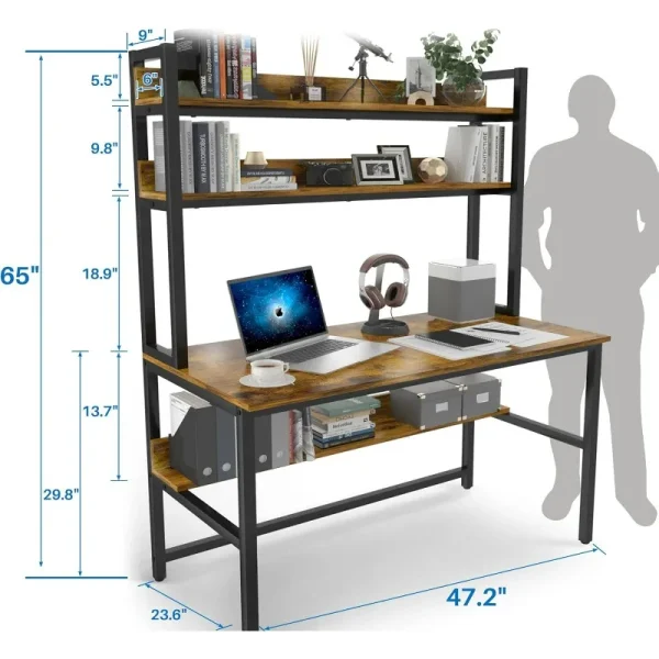 Computer Desk with Hutch, 47in Wide Desk with Shelves, Tall Home Office Desk with Bookshelf - Image 2