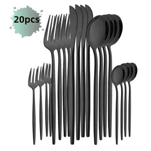 20Pcs Luxury Mirror Flatware Set Kitchen Stainless Steel Tableware Set Hotel Dinnerware Set Black Silver Cutlery Set Gift - Image 12