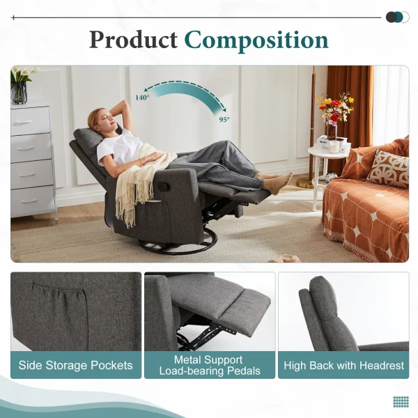 JHK Swivel Rocking Living Room Sofa Manual Upholstered Seating Recliner Angle Adjustable with Extra Large Footrest for Bedroom - Image 2