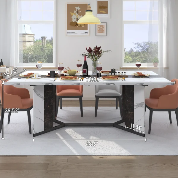 71In Large Rectangular White Dining Table for 4 5 6 8 10 People, Family Dinner Table w/Marble Color, Wood Tabletop, Metal Leg - Image 6
