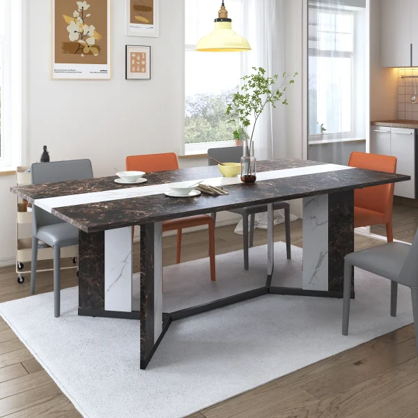 71In Large Rectangular White Dining Table for 4 5 6 8 10 People, Family Dinner Table w/Marble Color, Wood Tabletop, Metal Leg - Image 10
