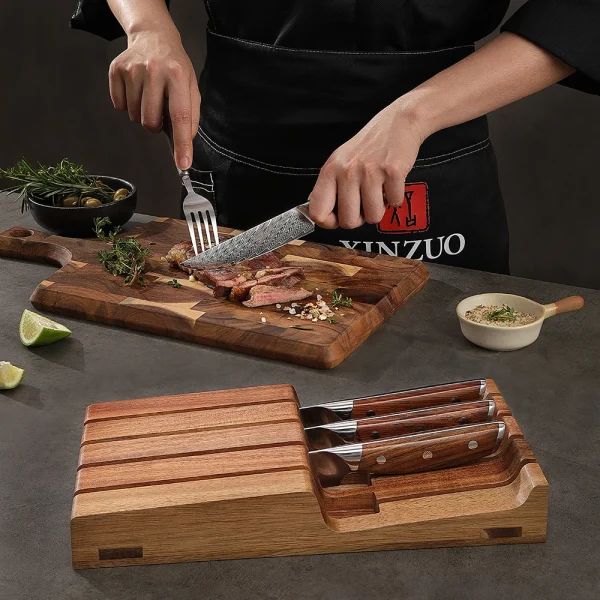 XINZUO 5PCS Kitchen Knives Sets Damascus Steel Kitchen Knife Acacia Wood Knife Tray Horizontal Storage Gift Box Packaging - Image 5