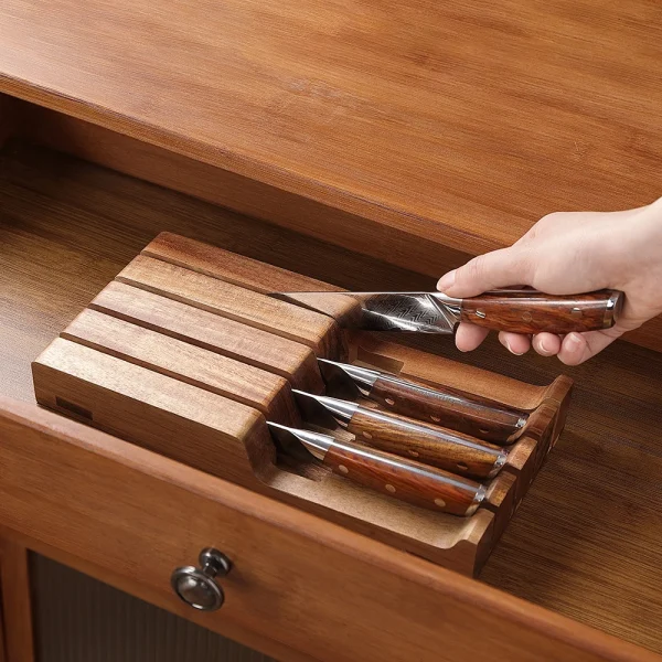 XINZUO 5PCS Kitchen Knives Sets Damascus Steel Kitchen Knife Acacia Wood Knife Tray Horizontal Storage Gift Box Packaging