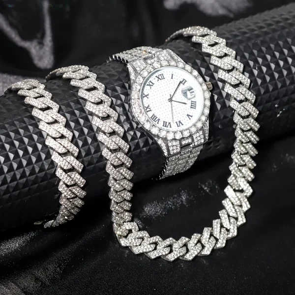 Stunning rhinestone-encrusted watch set with matching chain necklace - Round dial Quartz movement - Image 2