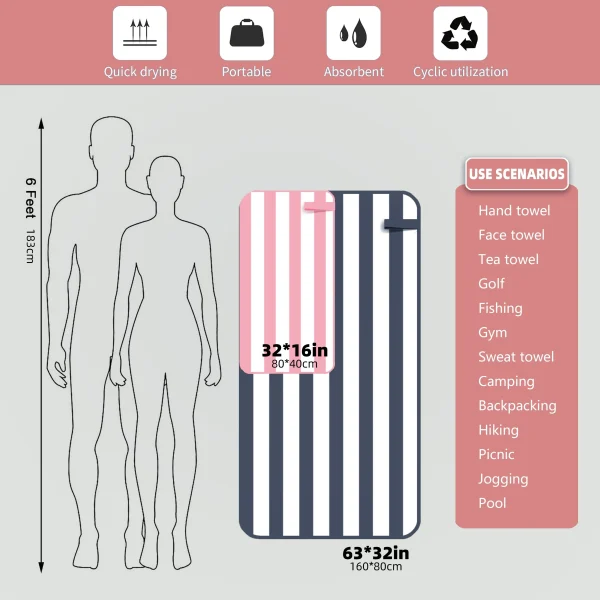 Microfiber Beach Towel Quick Drying Stripe Towel With Portable Bag, Thin and Lightweight Absorbent Towels Perfect Sports & Trave - Image 2