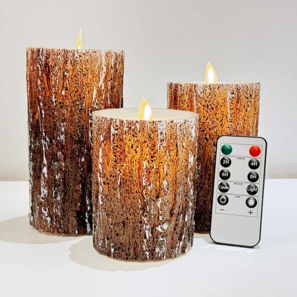 LED Flameless Candles Pine Bark Effect, Battery Operated Candles with Remote Control, LED Fake Candles, 4" 5" 6" Pack of 3