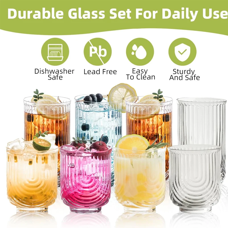 8 Pieces 14/12OZ Art Deco Cocktail Glass Highball Ribbed Glass Drinking Glass Set Unique Glassware Beverage Iced Coffee Cup Set - Image 5