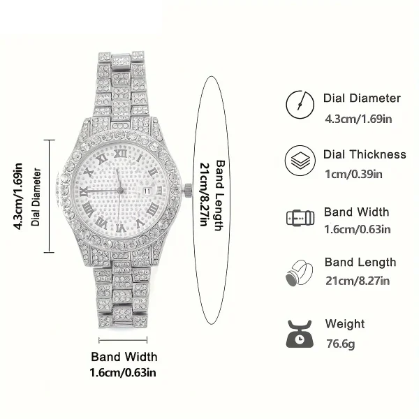 Stunning rhinestone-encrusted watch set with matching chain necklace - Round dial Quartz movement - Image 4