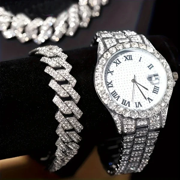 Stunning rhinestone-encrusted watch set with matching chain necklace - Round dial Quartz movement - Image 3