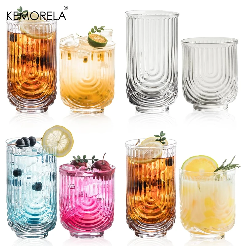 8 Pieces 14/12OZ Art Deco Cocktail Glass Highball Ribbed Glass Drinking Glass Set Unique Glassware Beverage Iced Coffee Cup Set - Image 4