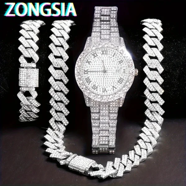 Stunning rhinestone-encrusted watch set with matching chain necklace - Round dial Quartz movement - Image 6