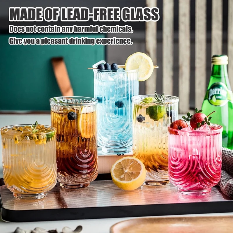 8 Pieces 14/12OZ Art Deco Cocktail Glass Highball Ribbed Glass Drinking Glass Set Unique Glassware Beverage Iced Coffee Cup Set - Image 2