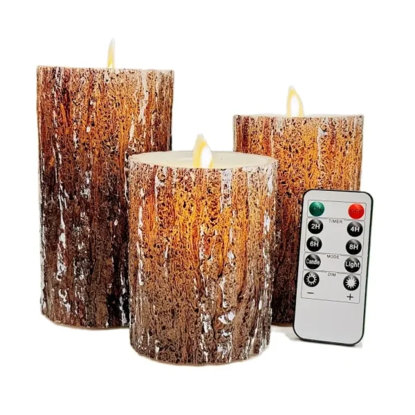LED Flameless Candles Pine Bark Effect, Battery Operated Candles with Remote Control, LED Fake Candles, 4" 5" 6" Pack of 3 - Image 7