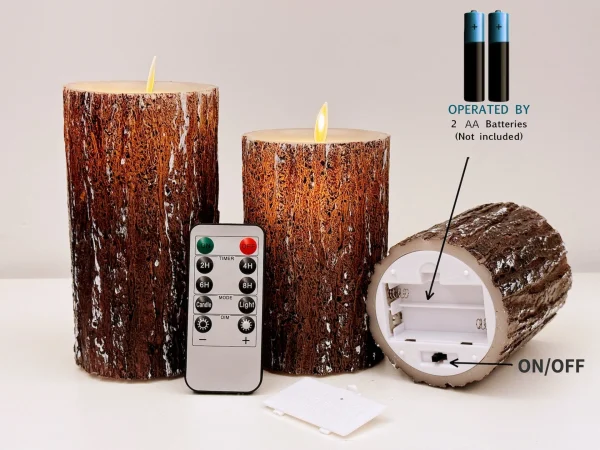 LED Flameless Candles Pine Bark Effect, Battery Operated Candles with Remote Control, LED Fake Candles, 4" 5" 6" Pack of 3 - Image 2