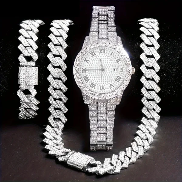Stunning rhinestone-encrusted watch set with matching chain necklace - Round dial Quartz movement