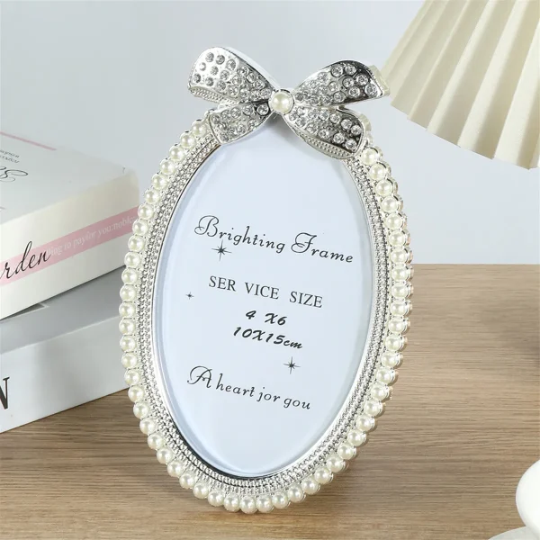 A bow shaped pearl studded diamond frame with a 3/6/7 inch oval photo frame, suitable for children's adult gifts, birthday parti - Image 7