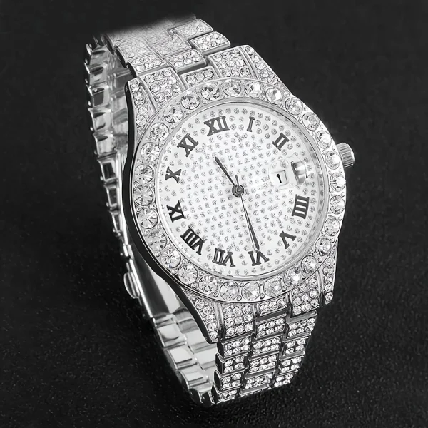 Stunning rhinestone-encrusted watch set with matching chain necklace - Round dial Quartz movement - Image 5