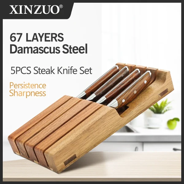 XINZUO 5PCS Kitchen Knives Sets Damascus Steel Kitchen Knife Acacia Wood Knife Tray Horizontal Storage Gift Box Packaging - Image 2
