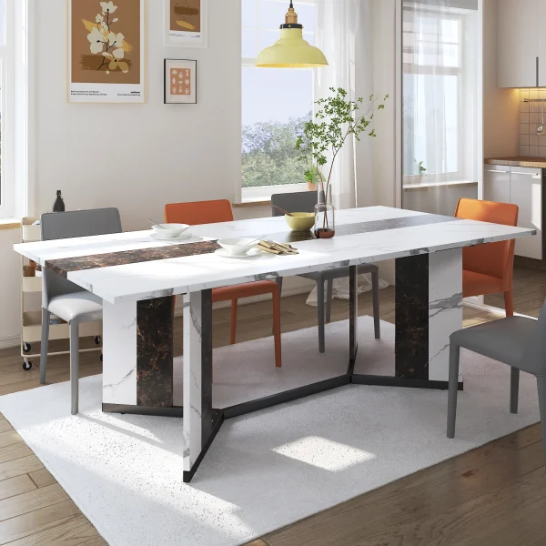 71In Large Rectangular White Dining Table for 4 5 6 8 10 People, Family Dinner Table w/Marble Color, Wood Tabletop, Metal Leg - Image 8